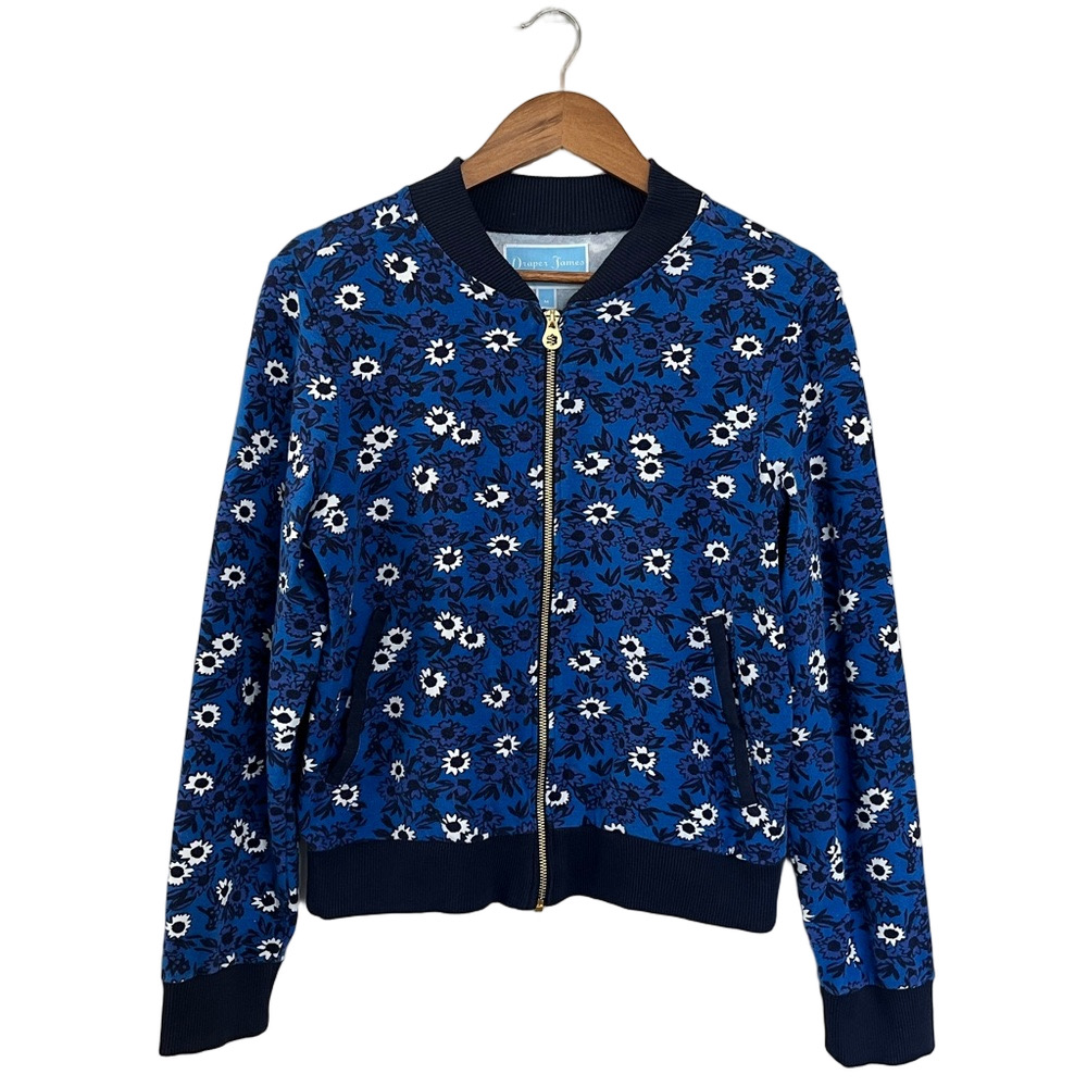Draper James Floral Bomber Jacket Blue White Zip Preppy Cotton Modal Size M - Picture 3 of 15